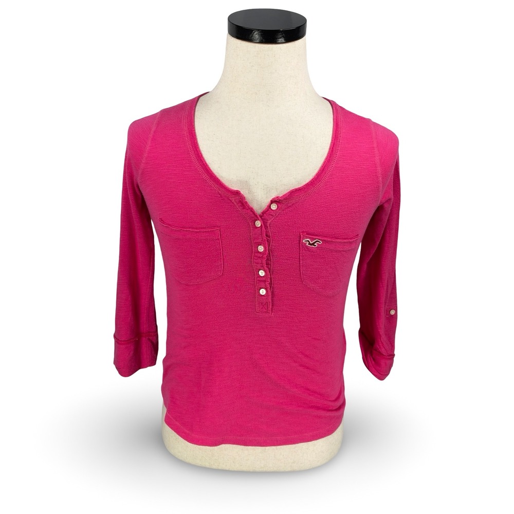 Hollister Y2K Baby Doll Henley 3/4 Roll Sleeve Top Womens XS Pink Slub Knit